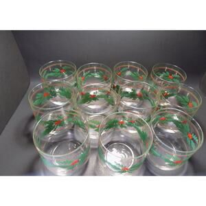 Set 4 Vintage 3.5" Christmas Holiday Holly‎ Berry & Bows Low Ball Juice Glasses